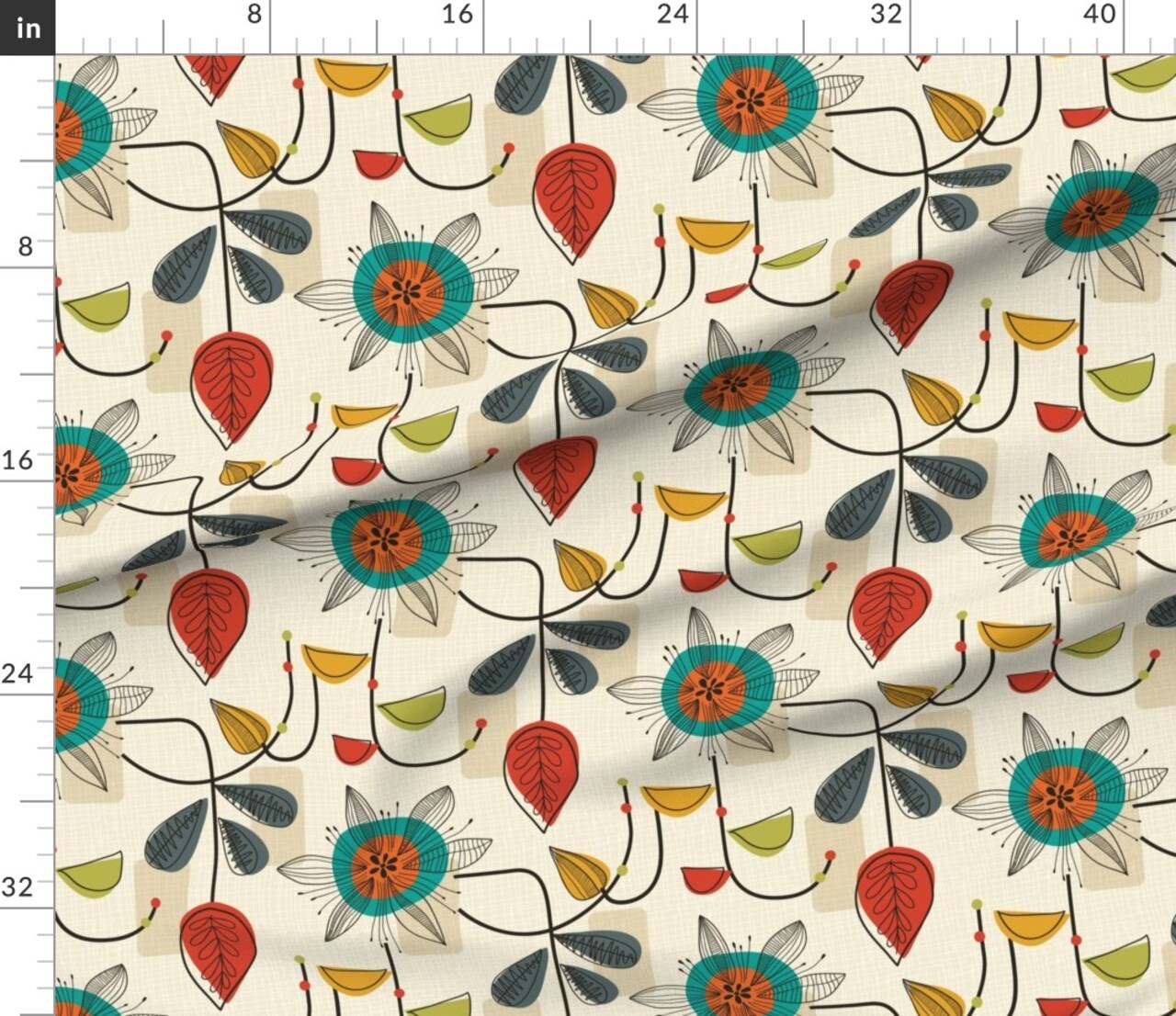 Mid Century Retro Floral Block Colour Cream Beige Geometric Shapes Atomic Age Custom Printed Fabric by Spoonflower Various Fabrics by the Yard or Fat Quarter